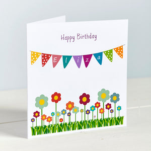 Personalised Bunting Floral Girls Birthday Card