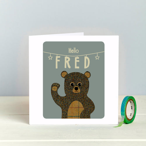 New Baby Personalised Card With Tweed Teddy