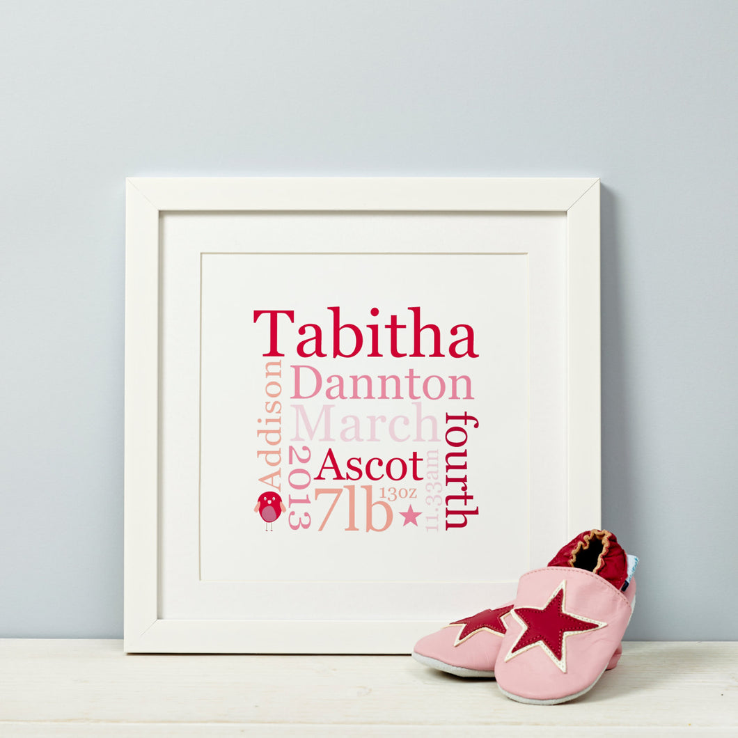 New Baby Gift Print Bespoke Personalised Birth Details Typographic